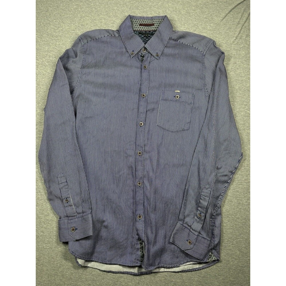 Ted Baker London Men's Long Sleeve Button Shirt Size 4 Blue White Striped‎